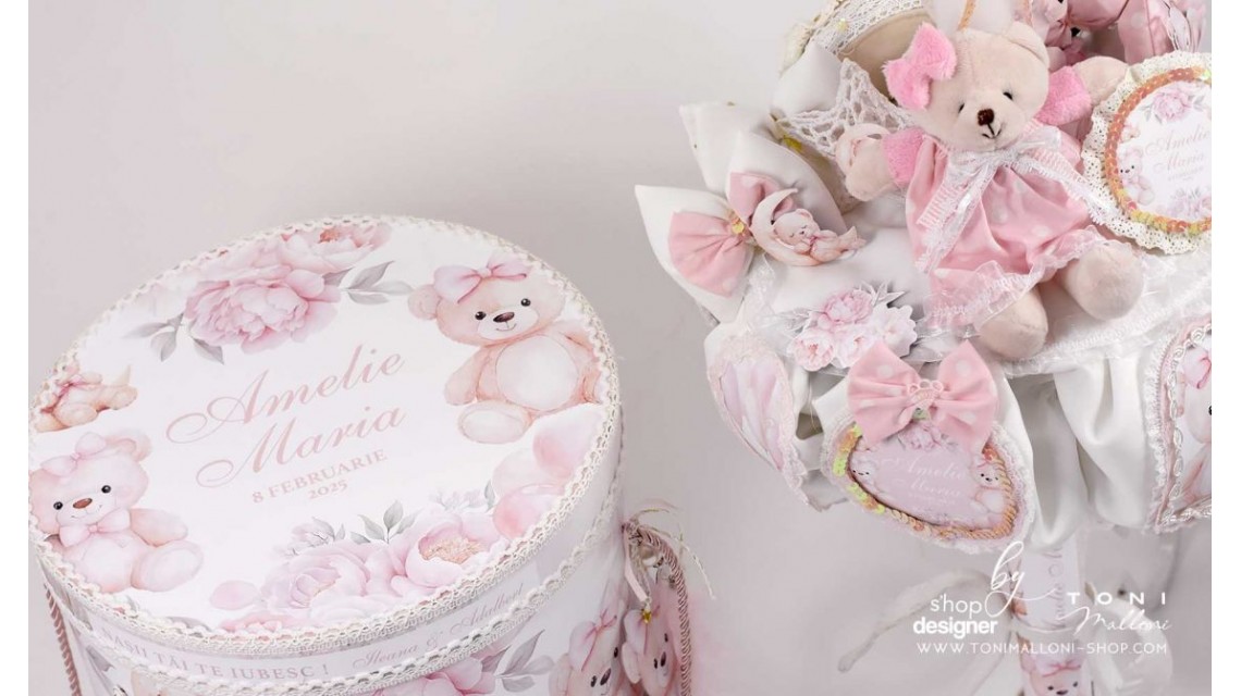 Trusou botez cu ursuleti si hortensii Teddy Bear Pink 16